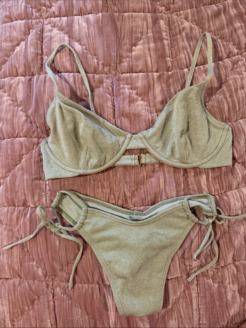 Montce jade sparkle underwire bikini top and keyhole side tie ruched back bottom